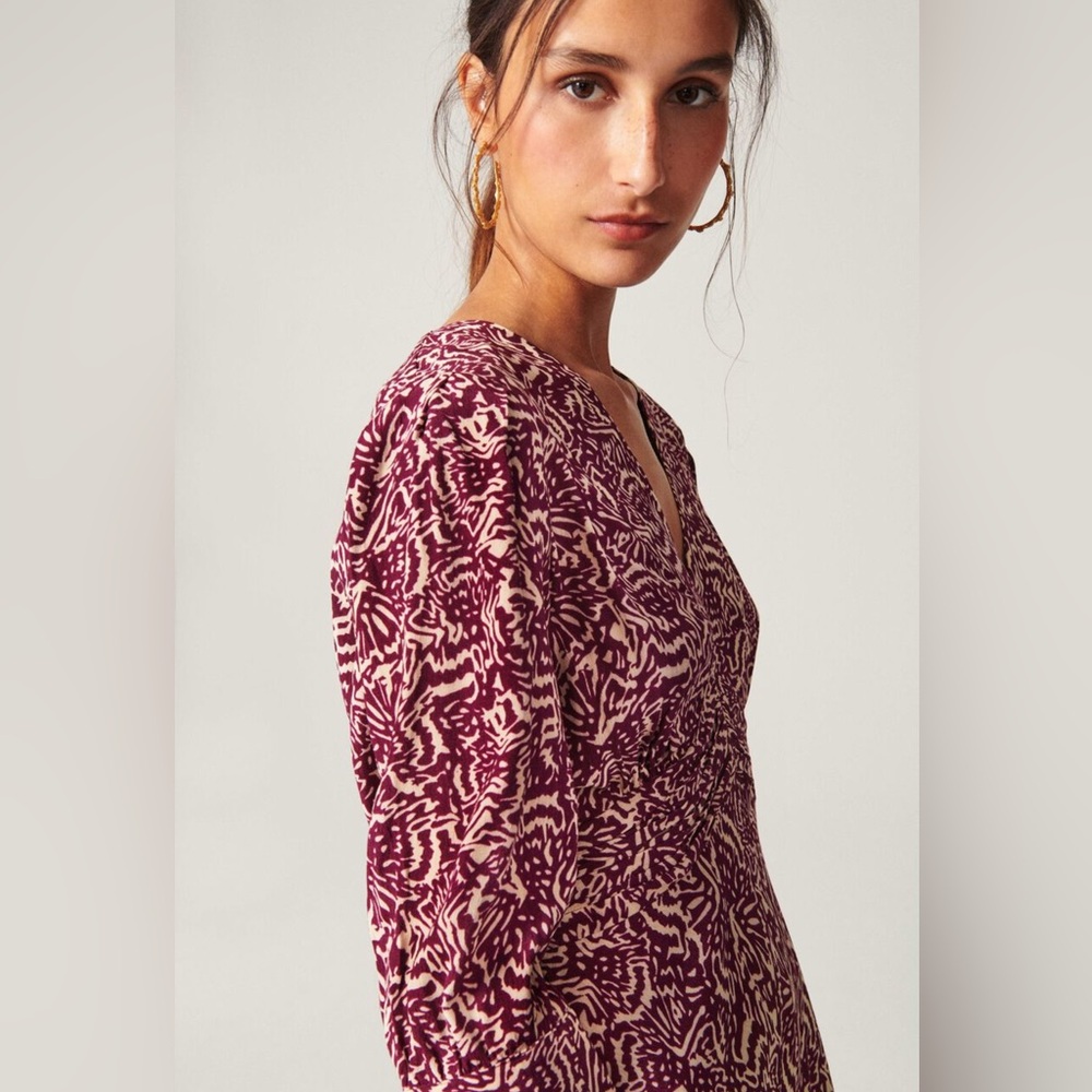 ba&sh Loa Midi Burgundy and Cream Long Sleeve Dress